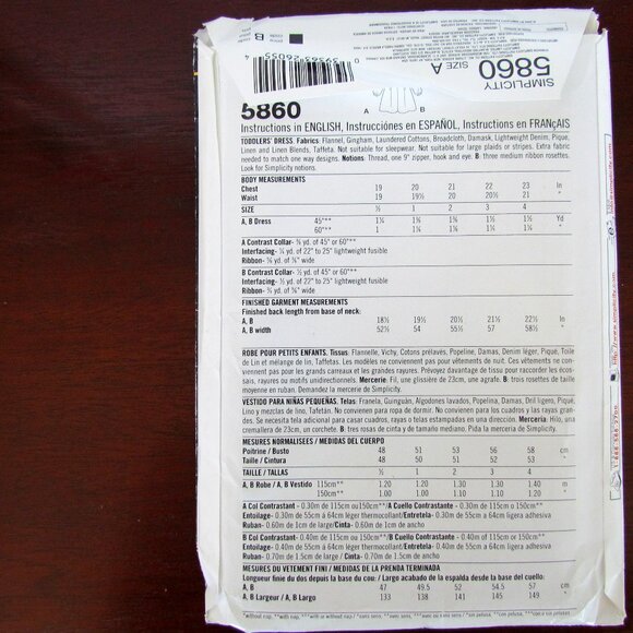 GIRL'S DRESS PATTERN, Sz 1/2 - 4 TODDLER - SIMPLICITY 5860 UNCUT, NWT FOR SEWING - Picture 5 of 5